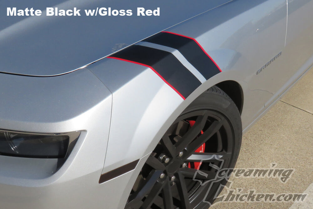 2010-15 Camaro Hash Mark Stripes, Matte Black with Gloss Red Pinstripe