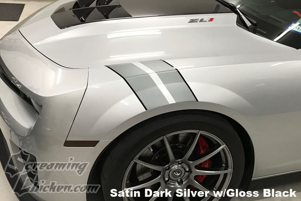 2010-15 Camaro Hash Mark Stripes, Satin Dark Silver with Gloss Black Pinstripe