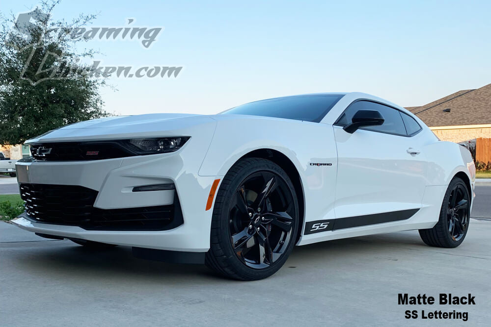 2016-23 Camaro Solid Rocker Stripe- matte black w/ ss lettering 3