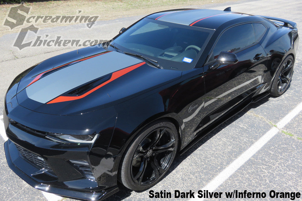 Satin Dark Silver center with Inferno Orange outside stripes. 50th style stripes for 2016-18 Camaros.