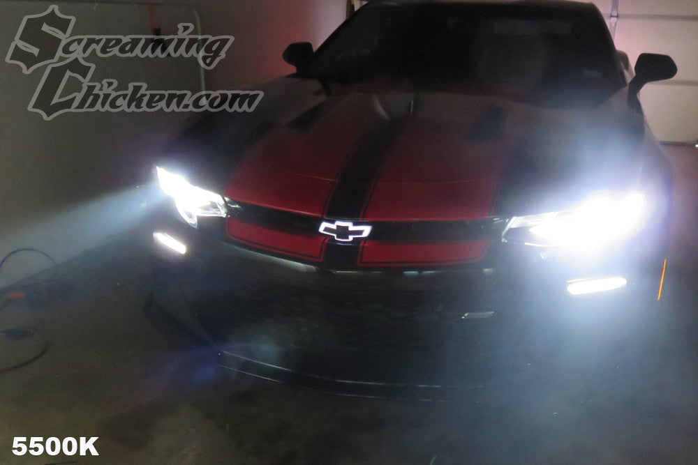 Morimoto 5500K HID bulbs on a 2017 Camaro SS. 5500k bulbs produce a pure white light making an improvement in appearance and night time visibility.