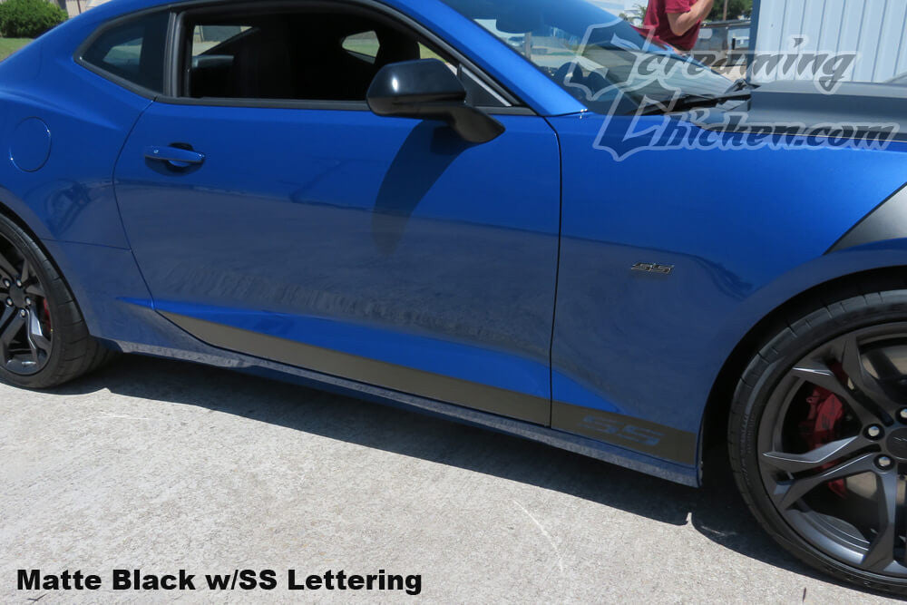 2016-23 Camaro Solid Rocker Stripe- matte black w/ ss lettering 1