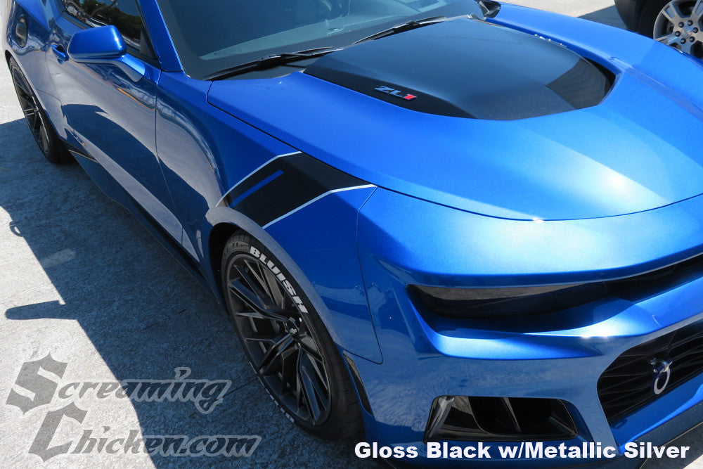 2016-23 Camaro Gen6 Hash Mark Stripes - gloss black w/ metallic silver