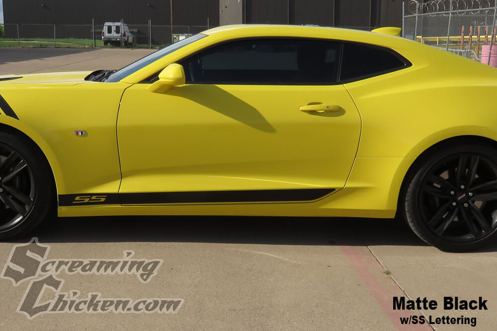 2016-23 Camaro Solid Rocker Stripe- matte black w/ ss lettering 2
