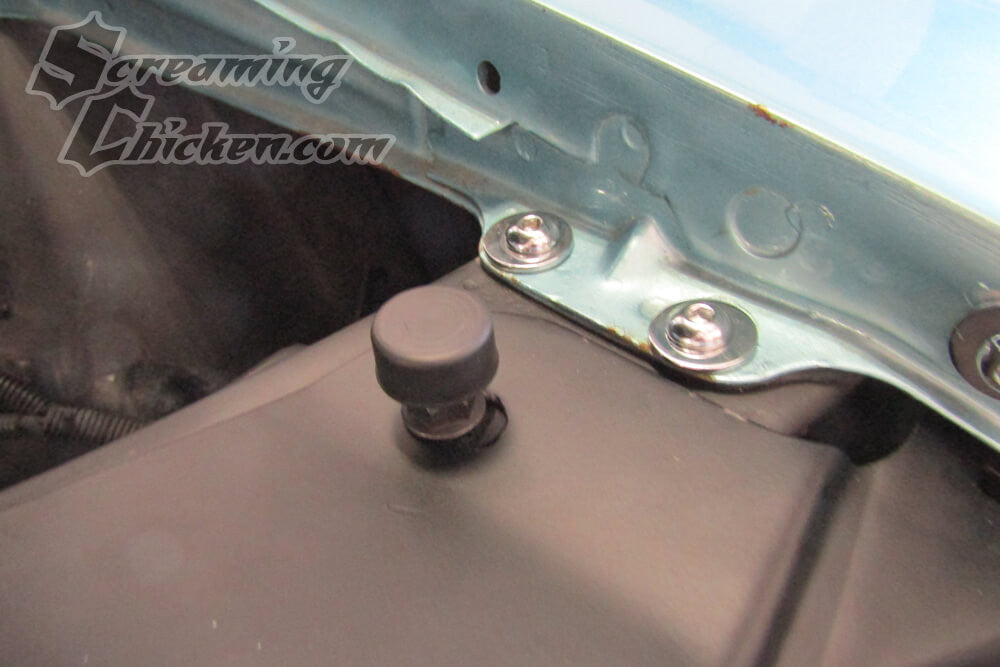 1970-73 Camaro Front Hood Adjusters & Bumpers- installed closeup