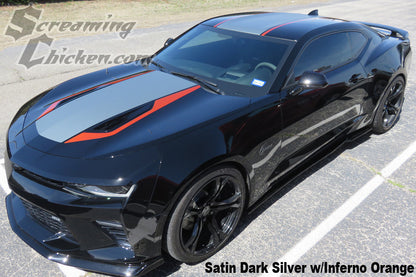 Satin Dark Silver center with Inferno Orange outside stripes. 50th style stripes for 2016-18 Camaros.